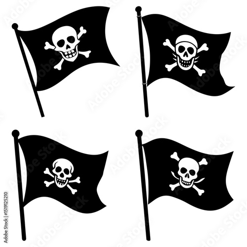 Collection of four black pirate flags featuring white skulls and crossbones in varying designs and styles