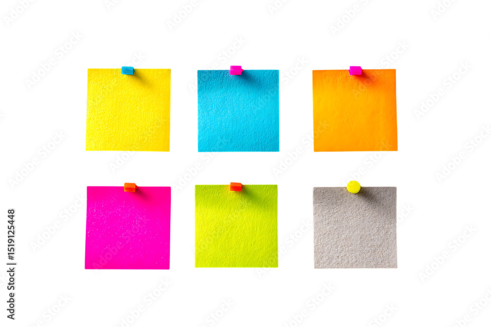Six colorful sticky notes pinned isolated on white or transparent png Six colorful sticky notes pinned isolated on white or transparent png