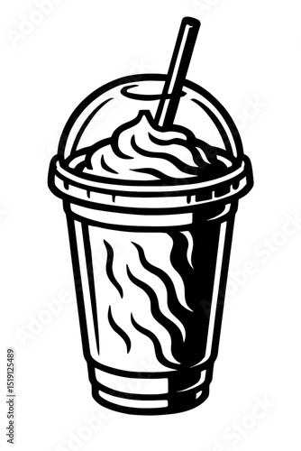 Black and White Vector Illustration of a Cold Frappe or Milkshake with Straw, Perfect for Cafe, Dessert, and Summer Drink Menus.
