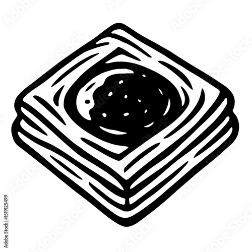 Black and White Vector Illustration of a Traditional Baklava Sweet Pastry, Ideal for Dessert Menus and Middle Eastern Cuisine.