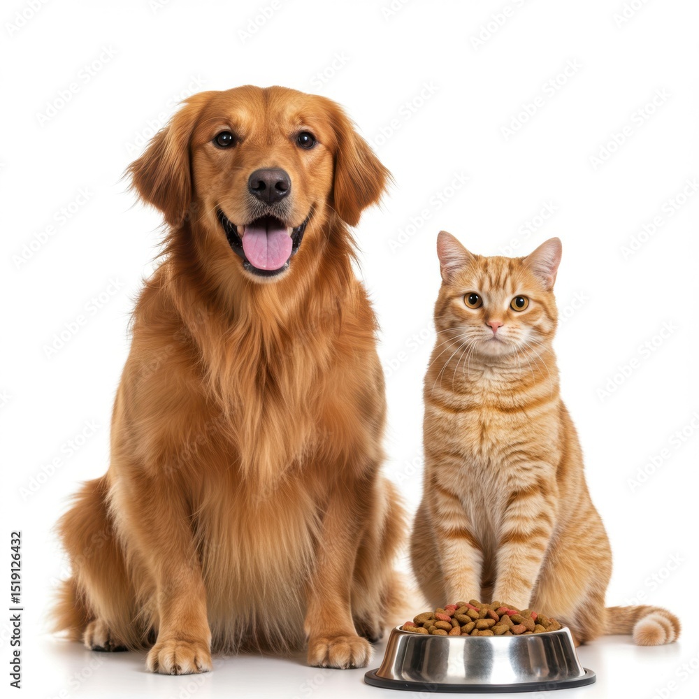 Golden retriever and tabby cat posing with food bowl on white background Golden retriever and tabby cat posing with food bowl on white background