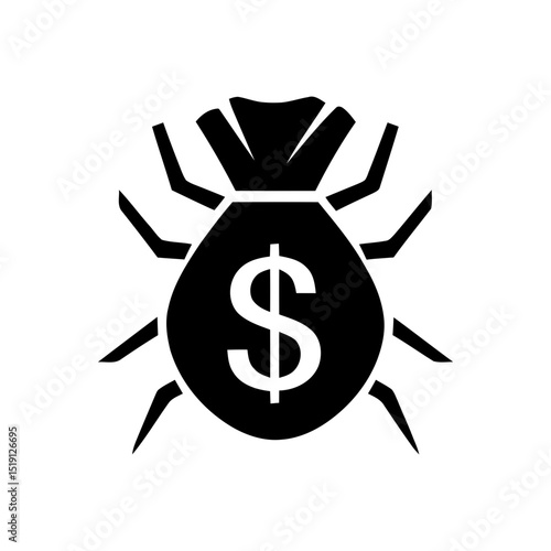 Financial cybercrime icon, malware spider with money bag symbol. Online theft or ransomware attack graphic, data breach and extortion illustration for cybersecurity.