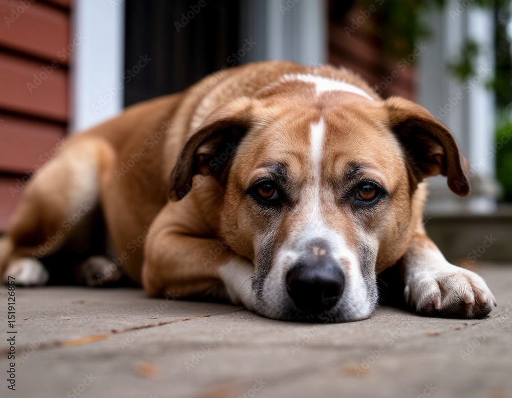 An old dog lies sadly on the porch of an old house. An old dog lies sadly on the porch of an old house.