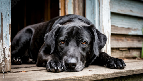 An old black dog lies sadly on the porch of an old house.