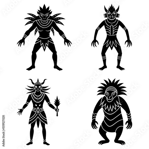 Four tribal figures with masks and decorative elements in black and white silhouette illustration style