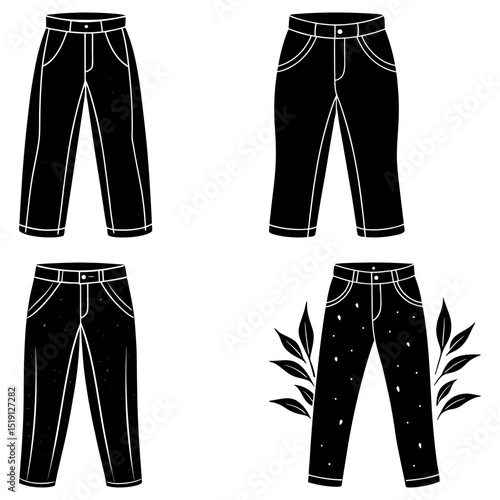 Collection of four black pants with varying styles and designs in a graphic illustration format