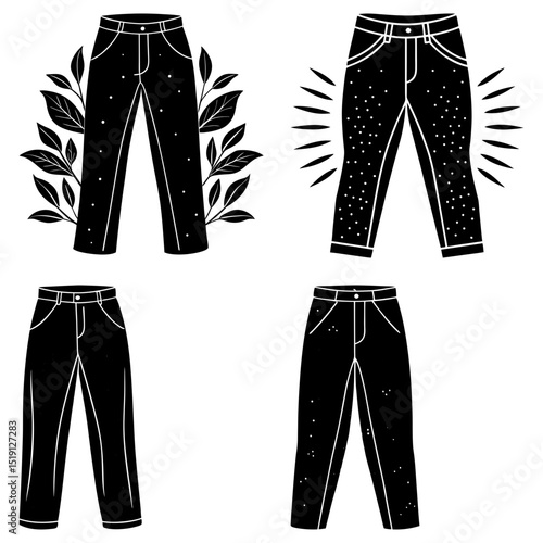 Four pairs of black pants in various styles with decorative elements in a monochrome illustration