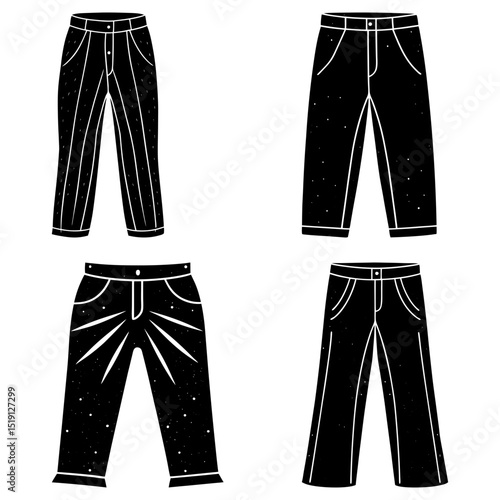 Illustration of four pairs of black pants each with unique design elements and pocket styles on white background