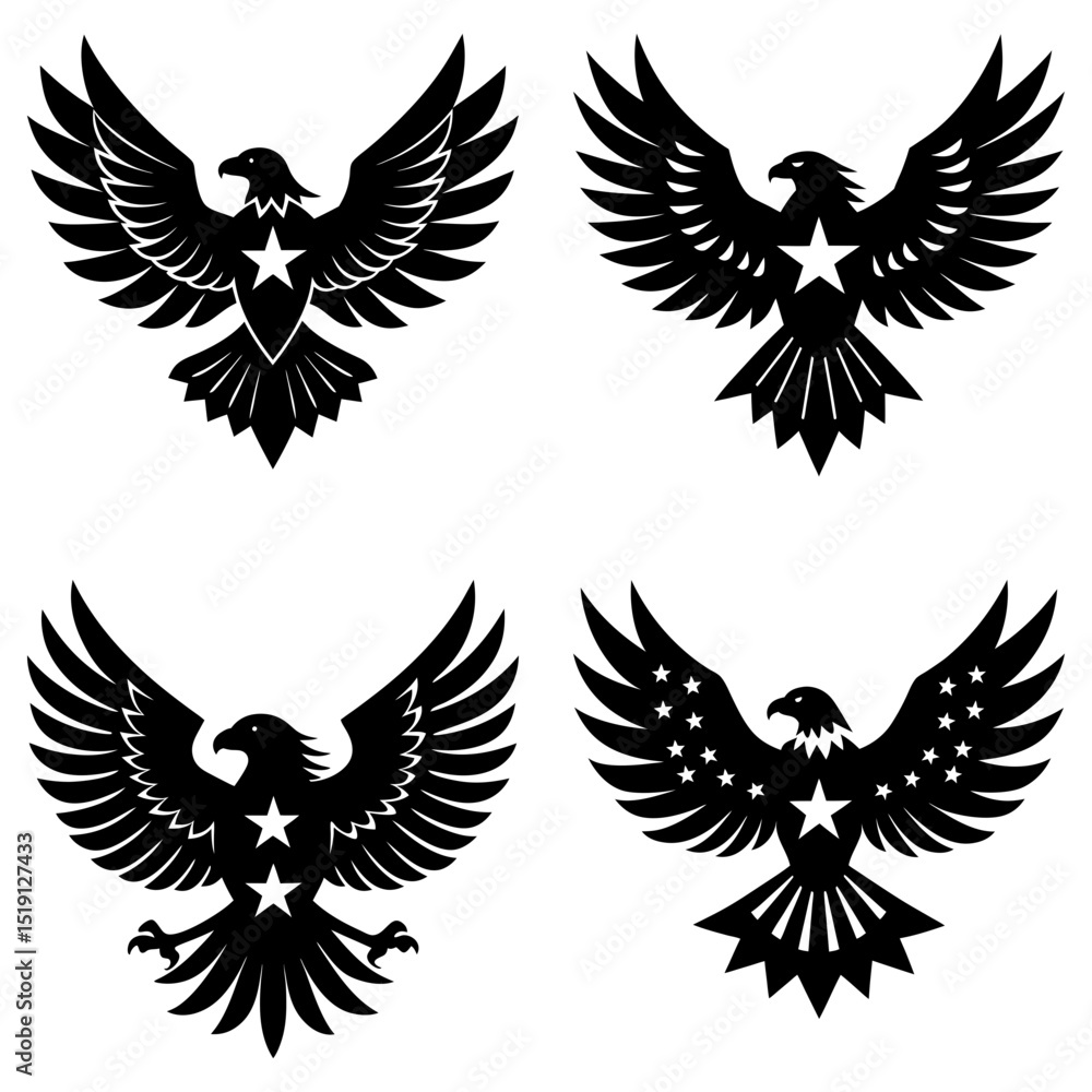 Fototapeta premium Four eagle emblems with stars displayed in a square format and black and white color scheme design art