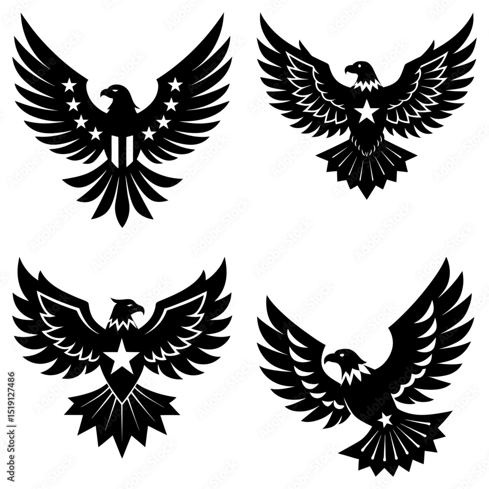 Obraz premium Collection of four black and white eagle emblems with stars and stylized wings spread wide open