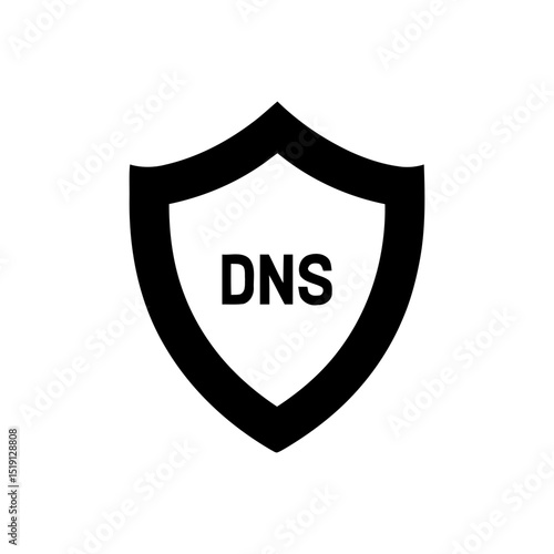 Shield with 'DNS' text, symbolizing Domain Name System security, network protection, and internet safety. For secure DNS and anti-phishing measures.