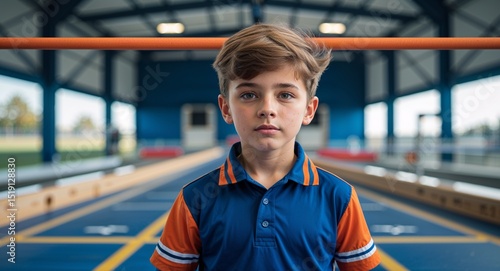 kid child Caucasian boy in pole vault zone background sports concept uniform portrait model photoshoot