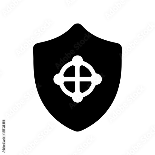 Shield with target or crosshair for vulnerability assessment, targeted attack detection, or security risk ID. Symbolizes focus on specific threats now.