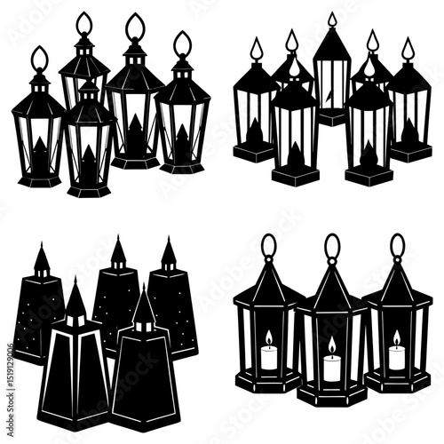 Illustration of four groups of decorative lanterns with flickering candles in black and white design