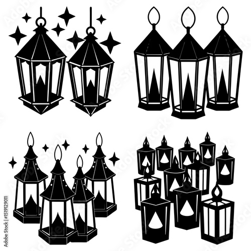 Collection of lanterns with varied designs and arrangements in a monochrome vector illustration
