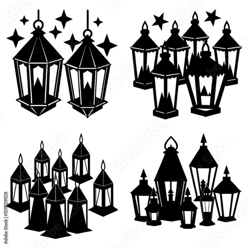 Collection of decorative lanterns and stars in various arrangements in a monochrome illustration