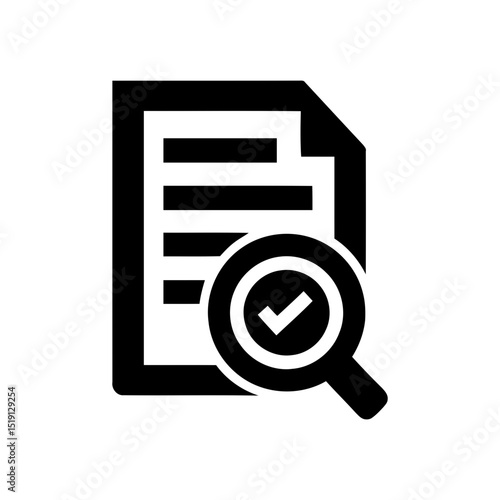 Folded document with magnify glass and checkmark for successful audit, compliance review, or document verification. Denotes completed inspection now.