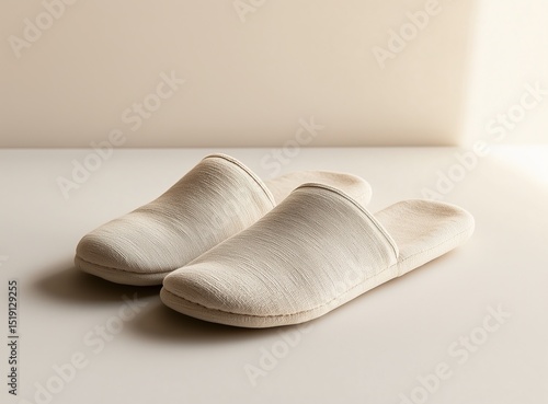 Minimalist Style Home Slipper Scene, Light Beige Slippers Convey Comfortable Living Concept, Suitable for Home Goods and Life Aesthetics Promotion