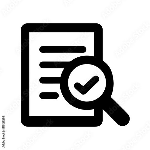Document with magnifying glass and checkmark for audit, review, compliance verification, or successful inspection. Represents approved documentation now.