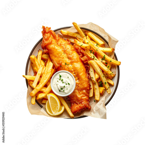 Delicious crispy fried fish and chips meal with tartar on transparent background