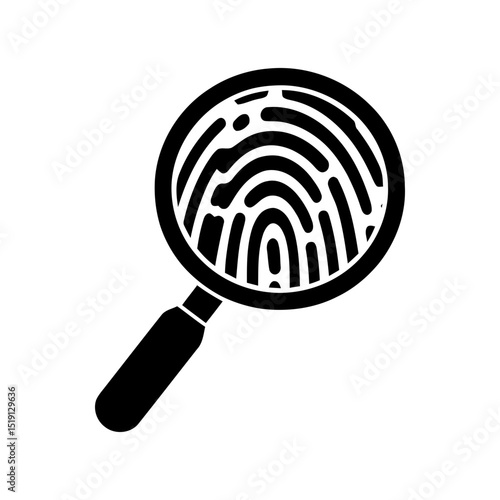 Magnifying glass over fingerprint for forensic investigation, ID verification, biometric analysis, or crime scene evidence. Meticulous examination shown.
