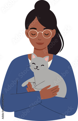 A cheerful illustration of a young woman holding a cute cat close to her chest.