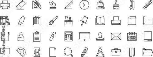 Stationery Icon Set, Office Supplies Icons, Writing Tools Icon Pack, School and Stationery Icons, line icon