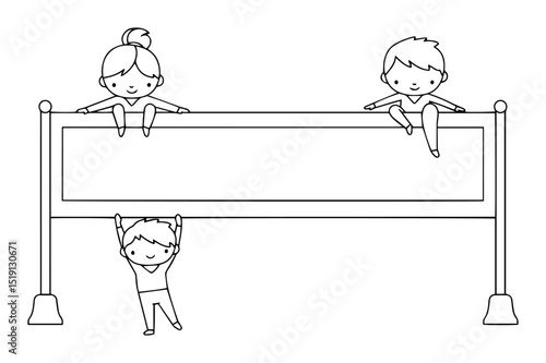 kids sitting and hanging on gymnastics banner illustration