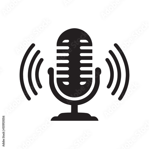 Vintage Microphone with Sound Waves in Black and White Silhouette