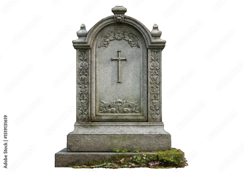 Obraz premium Elegantly weathered stone tombstone with a cross on black background, graveyard