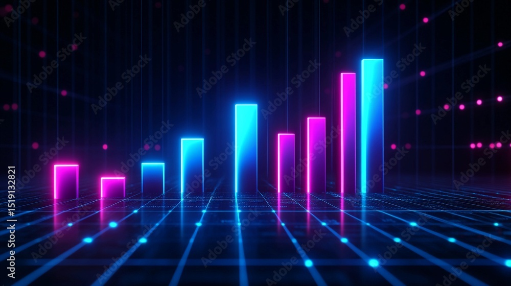 Neon Growth Bars on Futuristic Grid Neon Growth Bars on Futuristic Grid