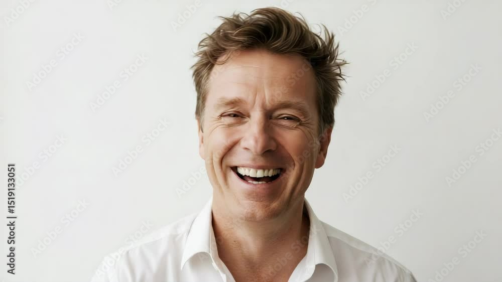 Smiling middle-aged man with joyful expression and blinking eyes, standing against a white background, showing authentic happiness and charm in a casual portrait loop Smiling middle-aged man with joyful expression and blinking eyes, standing against a white background, showing authentic happiness and charm in a casual portrait loop