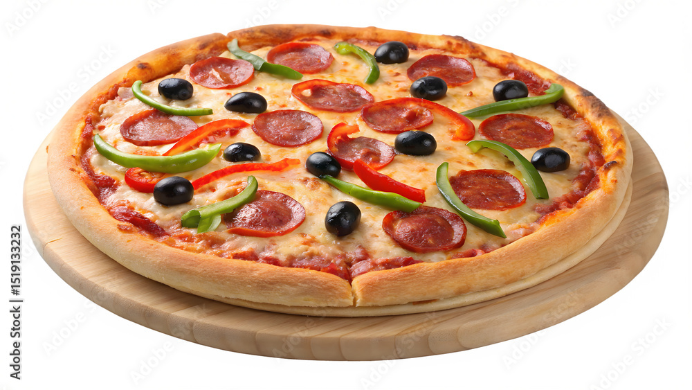 Delicious Pepperoni Pizza with Olives & Peppers, Isolated on Transparent Background Delicious Pepperoni Pizza with Olives & Peppers, Isolated on Transparent Background