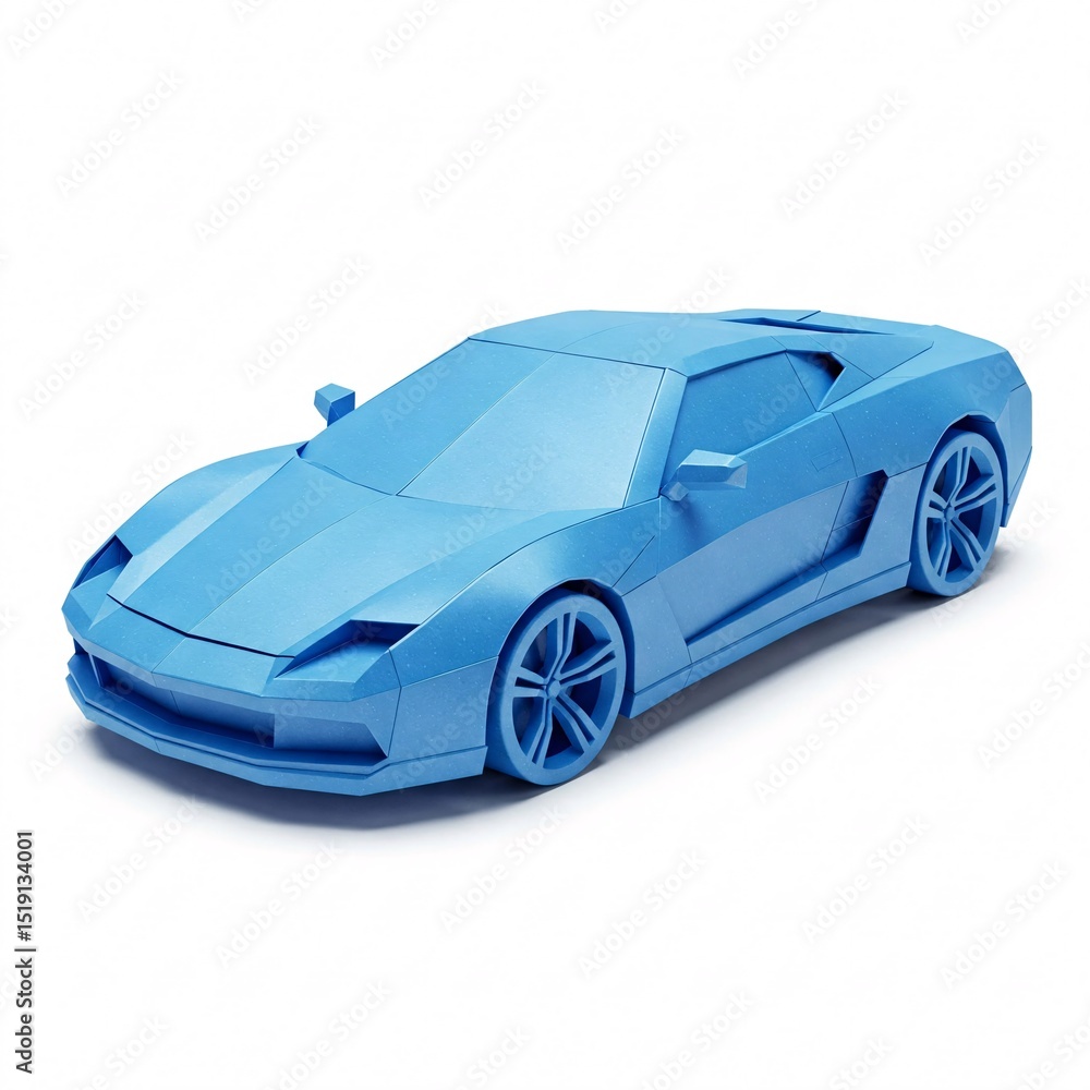 A vibrant blue paper car, folded in origami technique, isolated on a white A vibrant blue paper car, folded in origami technique, isolated on a white
