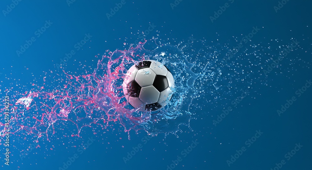 Naklejka premium Soccer ball amidst colorful water splashes on a vivid blue background