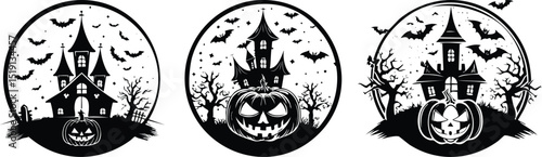 Haunted House Pumpkin Illustration: Spooky Halloween Night Clipart

