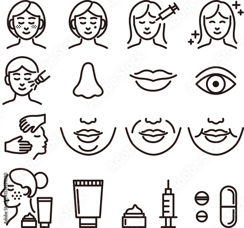 美容医療　美容整形　人物　女性　ラインアイコン　線　シンプル　イラスト素材セット