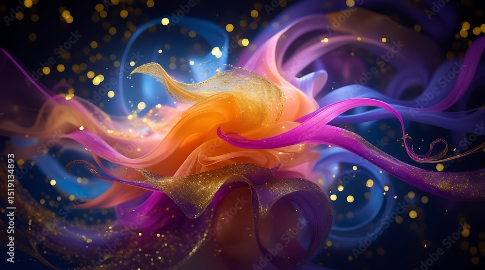 Obraz premium Colorful abstract ribbons swirl with golden sparkles creating a magical and dreamy background
