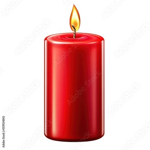 A single, cylindrical red candle with a bright, flickering flame atop a simple wick