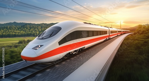 High-Speed Rail Traveling Through Beautiful Natural Scenery, Green Mountains and Sunset Blend, Suitable for Tourism Transportation and High-Speed Rail Route Promotion