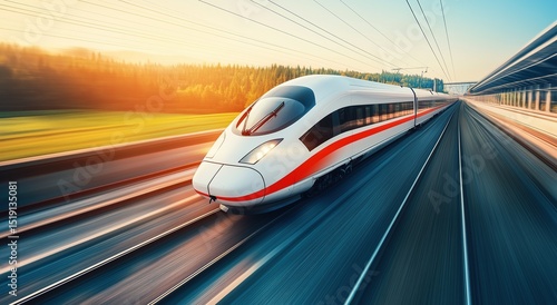 Dynamic High-Speed Rail Racing Image, Stylish Design and Strong Sense of Speed, Suitable for Transportation Tech Ads and Speed-Themed Creations