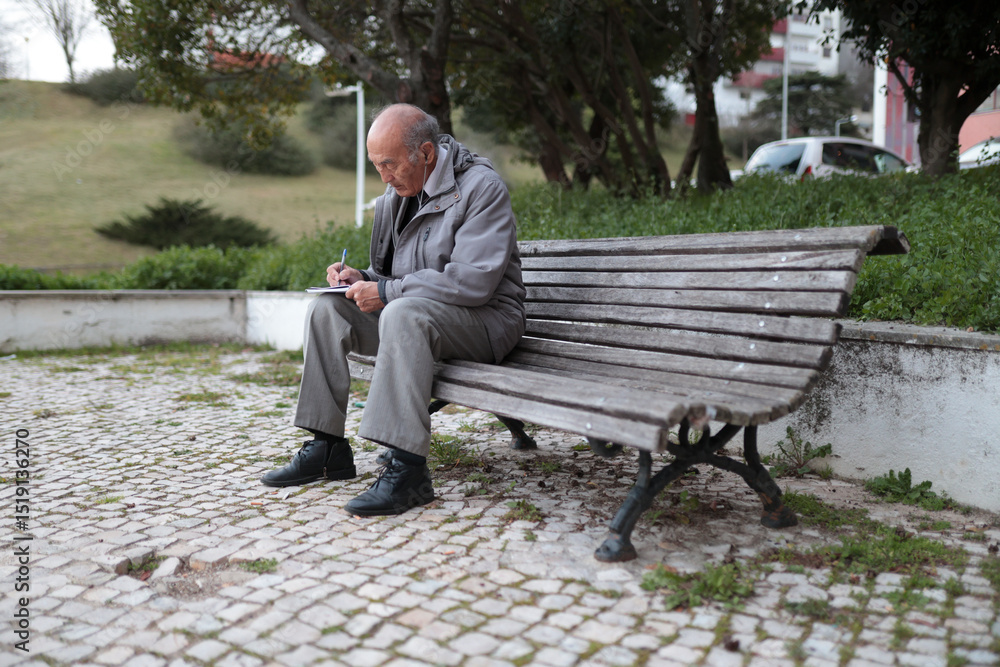 Fototapeta premium Senior man writing on notepad while sitting on park bench