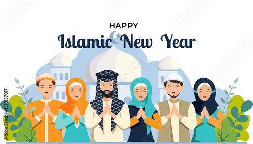 celebrates Islamic New Year or Hijri New Year. Happy 1st Muharram Islam : Diverse Muslim Community Celebrating vector illustration