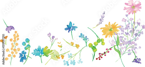 水彩画。水彩タッチのカラフルな花花束イラスト。色とりどりの花のベクターフレーム背景。Watercolor painting. Colorful flower bouquet illustration with watercolor touch. Colorful flowers vector frame background.