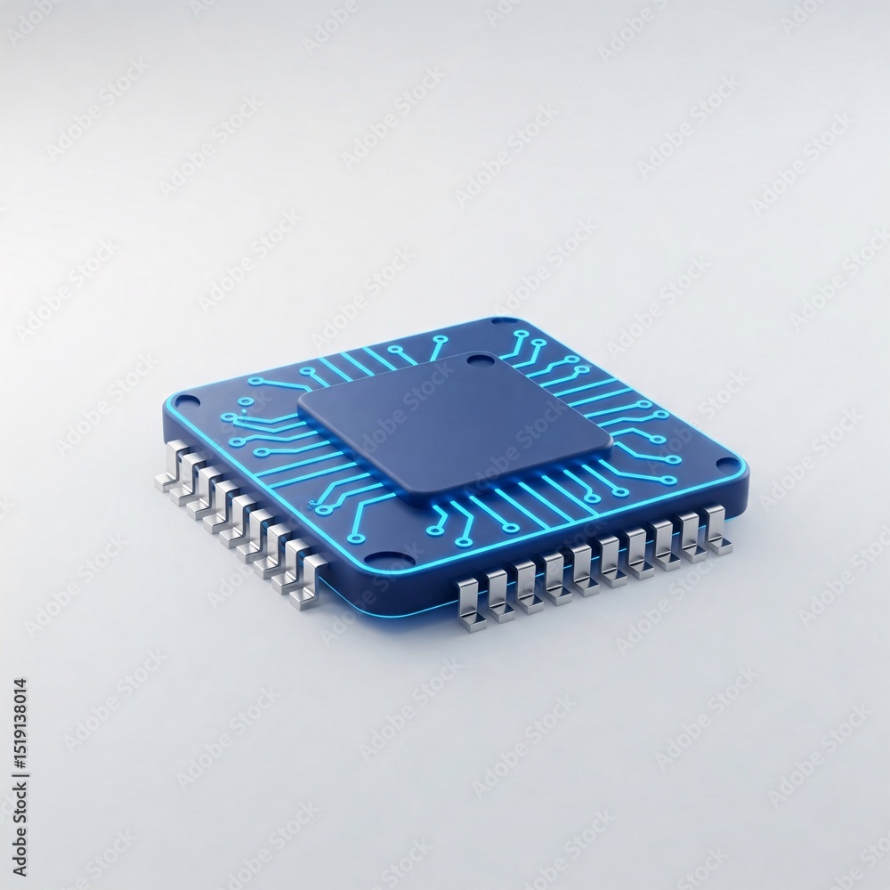 A blue microchip with bright blue traces and pins, A blue microchip with bright blue traces and pins,