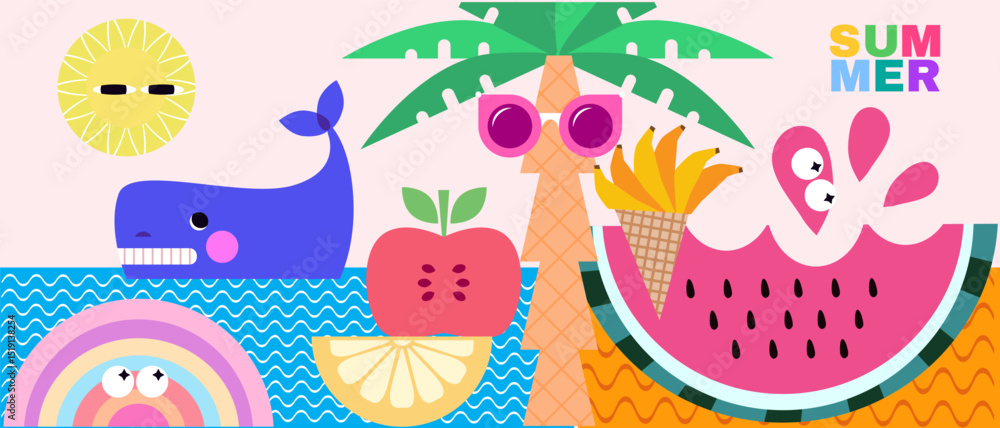 Fototapeta premium Summer concept design abstract background Set funky icons Vector cute flat illustration