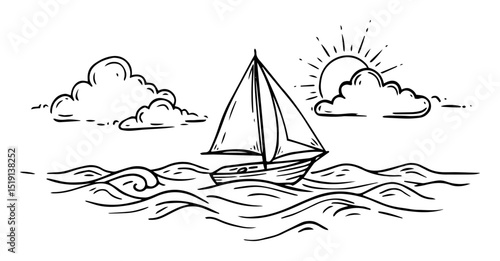 sailing boat with sun and waves hand drawn vector