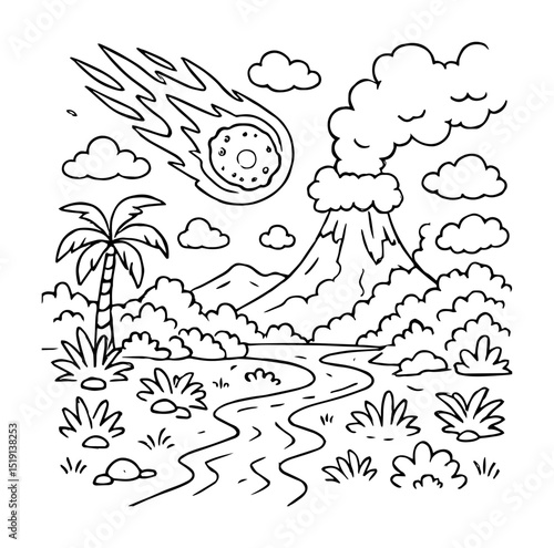 dinosaur extinction volcano and meteor vector illustration