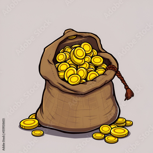 Cartoon pirate treasure icon, burlap sack filled with gold coins and tied with a rope. Vector old bag open and overflowing with wealth. Corsair adventure game asset, loot of filibuster money