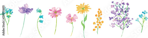 水彩画。水彩タッチのカラフルな花花束イラスト。色とりどりの花のベクターフレーム背景。Watercolor painting. Colorful flower bouquet illustration with watercolor touch. Colorful flowers vector frame background.